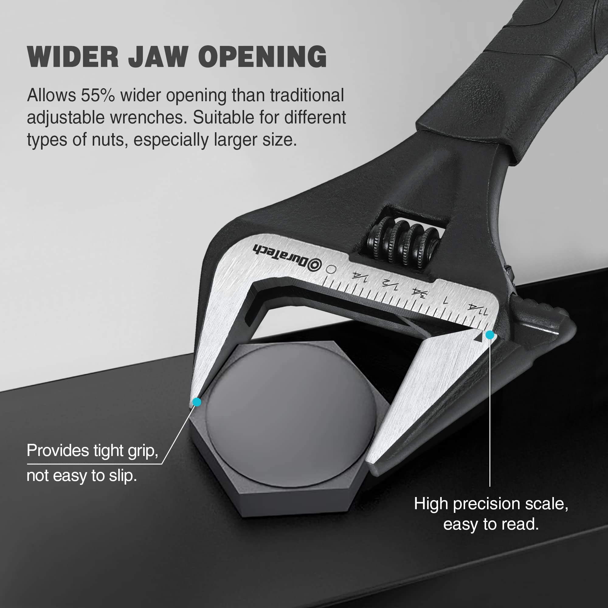 DURATECH 200 MM Verstellbarer Schraubenschlüssel, Große Öffnung Rollgabelschlüssel, Schwarz-oxidierte Oberfläche, Cr-V Stahl, SAE und Metrisch, ergonomischer Griff 4