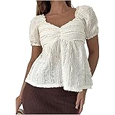 GORGLITTER Women's Frill Trim Peplum Babydoll Tops Puff Short Sleeve Sweetheart Neck Coquette Shirt