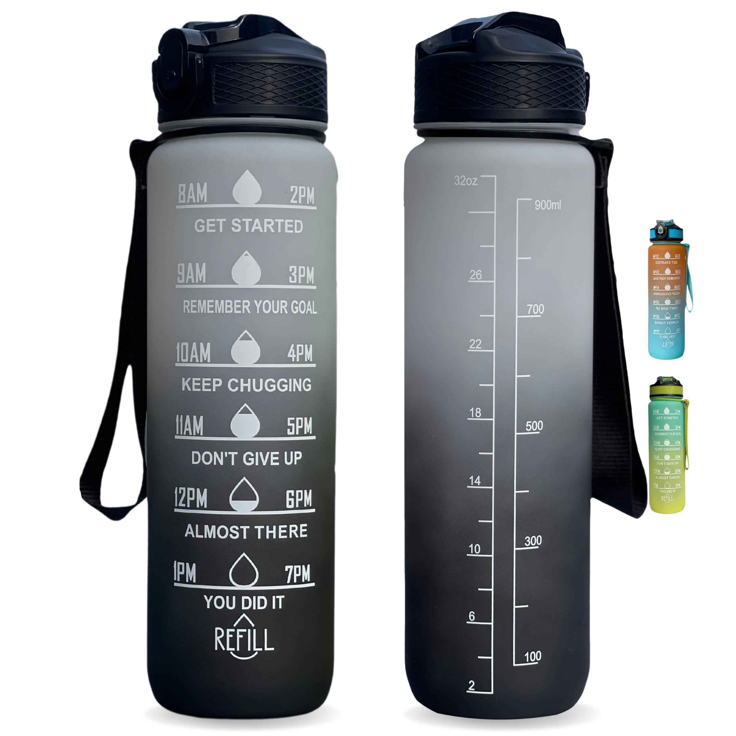 Repton 1L Sports Water Bottle with Motivational Time Marker | Leak-proof Drink Tritan Bottle BPA Free Non-Toxic for Running, Cycling, Gym, School & Office (Black & White)