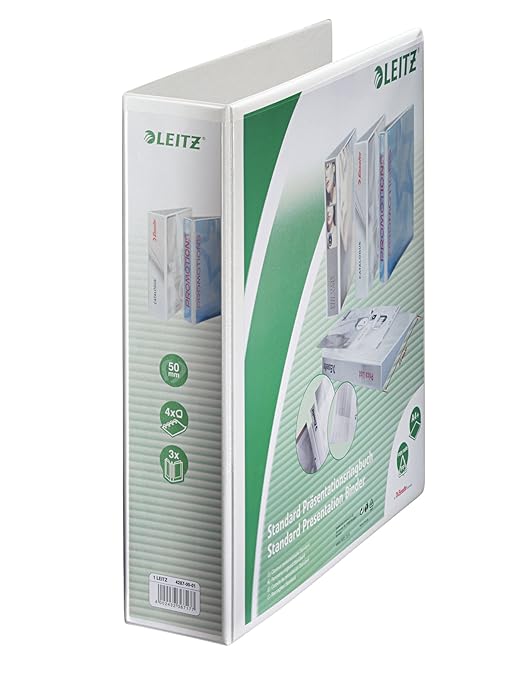 Leitz 42870001 Ringbuch Präsentation, mit Taschen, A4, PP, 4 Ringe, 50 mm, weiss