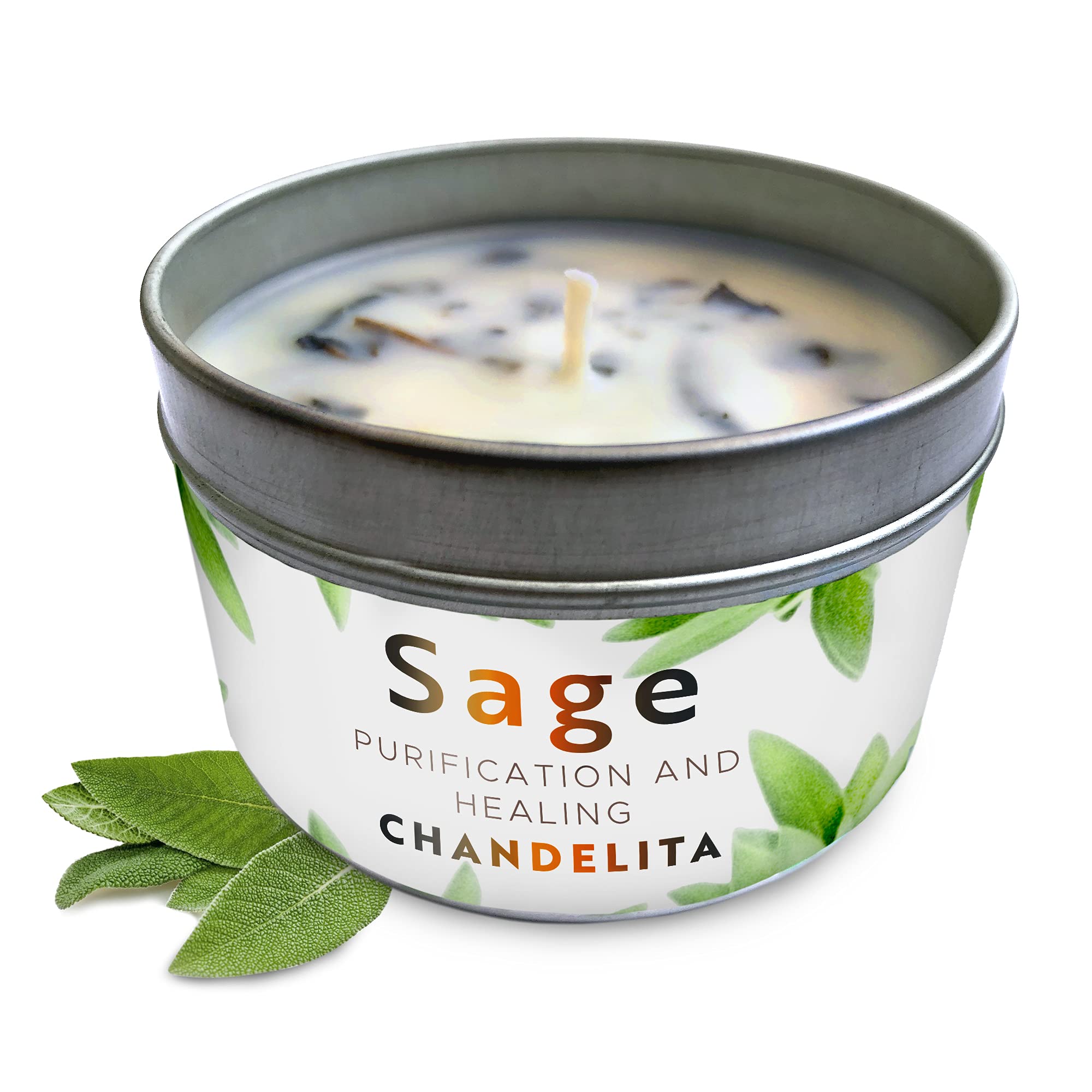 CHANDELITA Aromatherapy Candle Scented with Sage for Home Blessing and Energy, Sage Leaves with Soy Wax for Purification, Relaxation, Meditation and Chakra Healing - Light and Gentle Aroma (1 Unit)