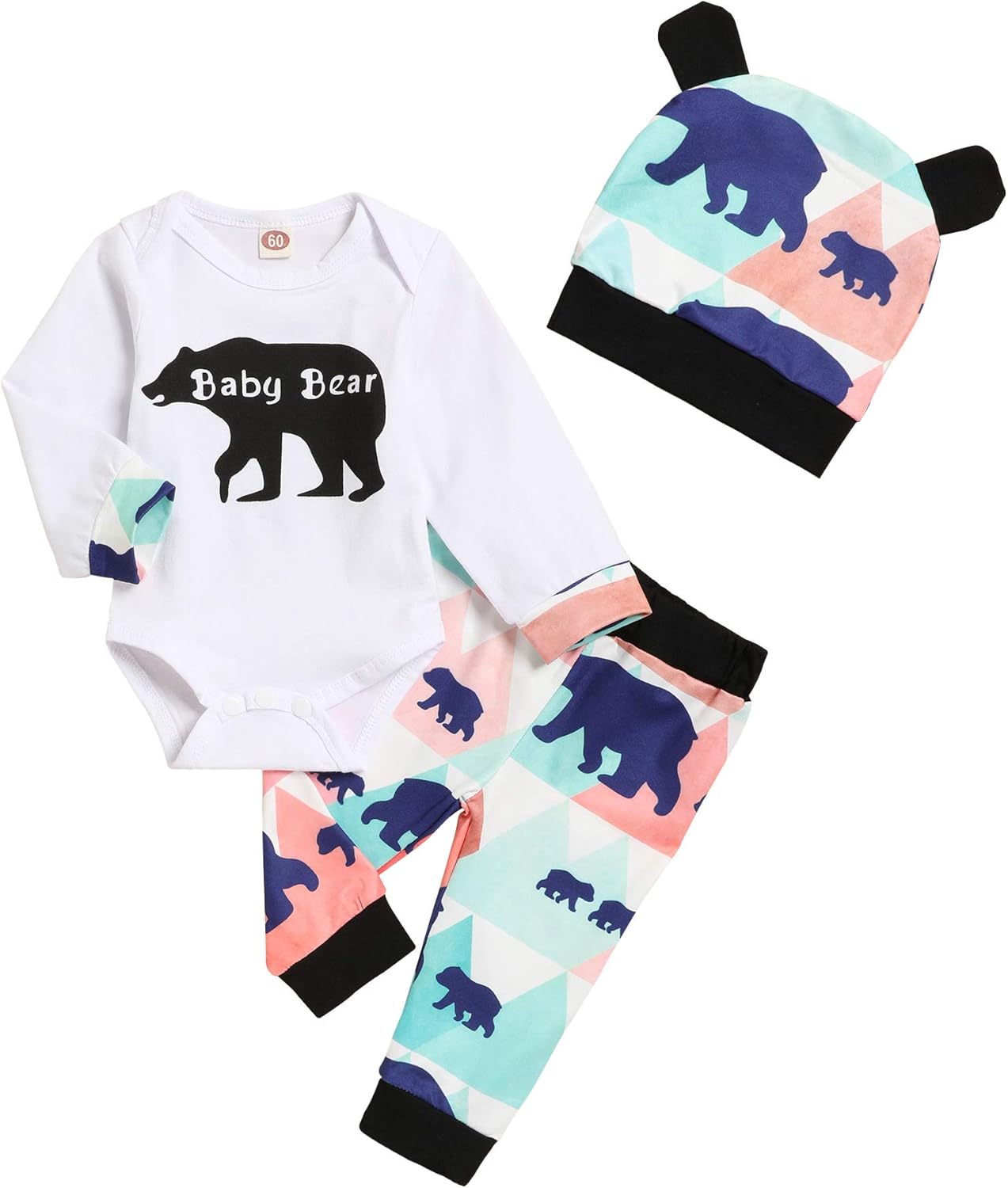 Newborn Baby Boys Girls Clothes Baby Bear Long Sleeve Bear Print Pants Outfit Sets + Hat
