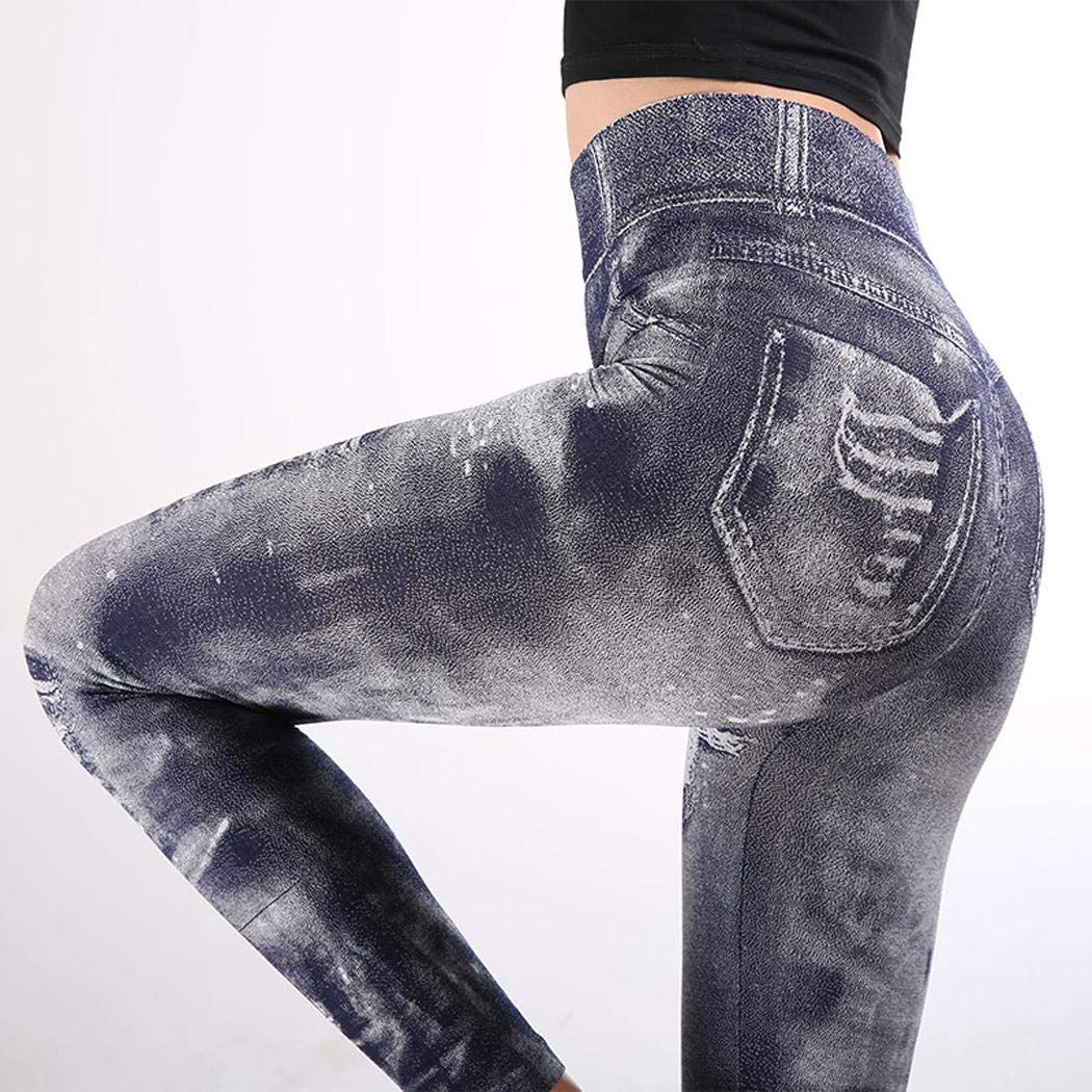 milene88 Women Fashion Print Long Straight Skinny Pants High Waisted Yoga Leggings Leggings Navy Blue