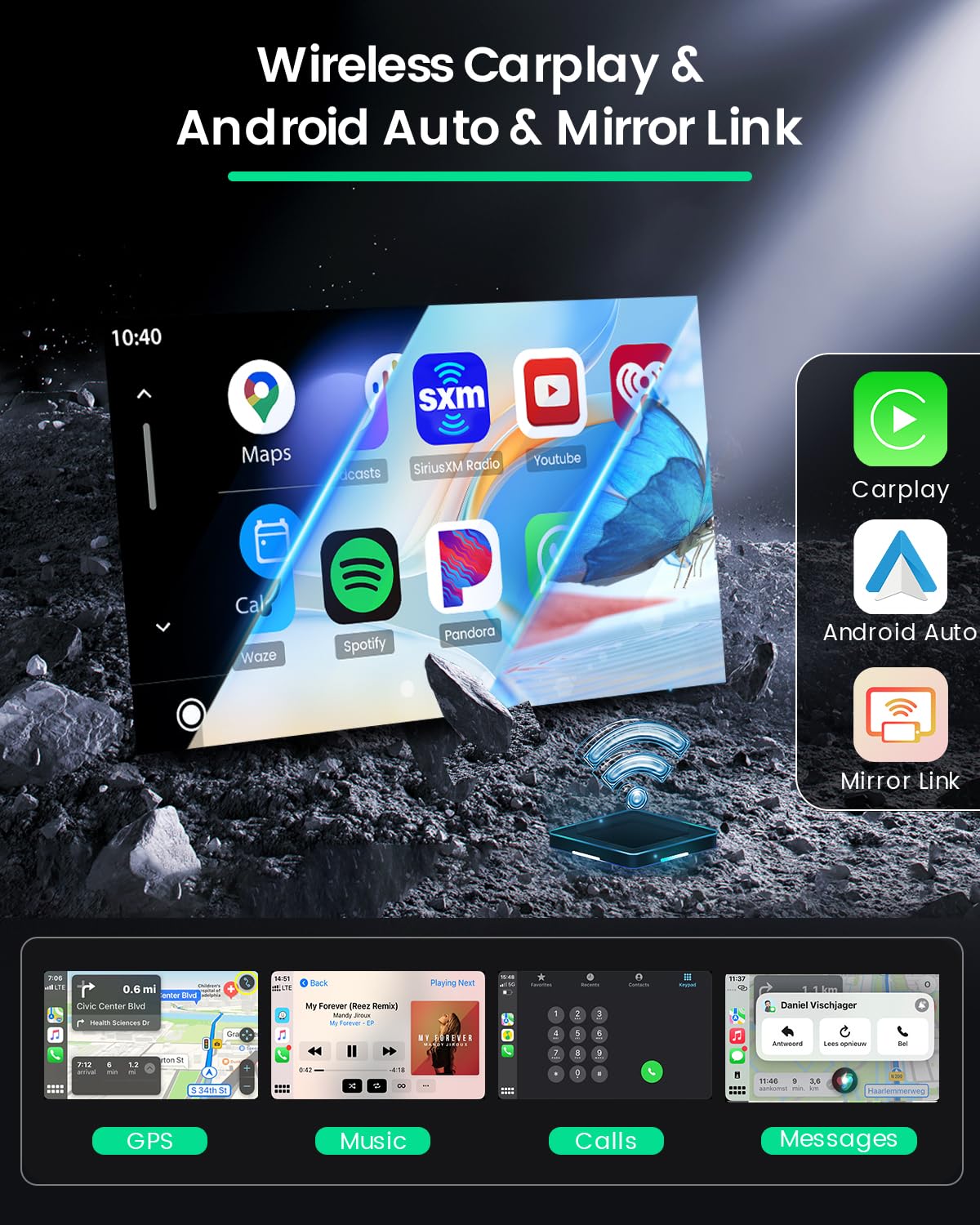 Screenshot of the Roinvou car radio displaying Wireless CarPlay and Android Auto interfaces.