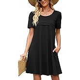 Heymoments Women's Short Sleeve Crewneck Sundress Summer Casual A-Line Beach Dress with Pockets S-2XL