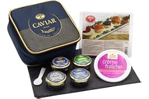 OLMA Regal Caviar Gift Set - 4 oz (112g) of Caviar, Includes Kaluga Royal, Siberian Osetra Aurora, Hackleback, White Sturgeon, Serving Spoon & Blinis - Superior Grade Fresh Roe Fish Eggs