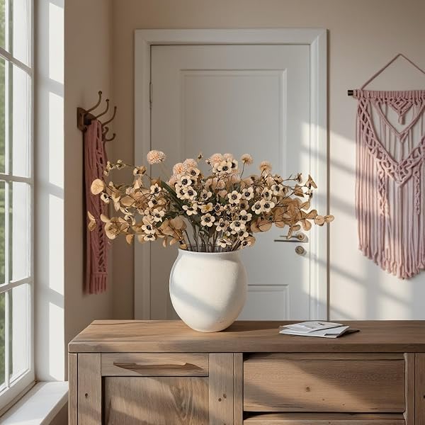 KAYOLIN ROUND WIDE MOUTH WHITE CERAMIC VASE -9.7″ LARGE FLOWER POT WITH DRAINAGE HOLE FOR INDOOR PLANTS, GRAVEL TEXTURED CREAM WHITE VASE & PLANTER FOR HOME DECOR