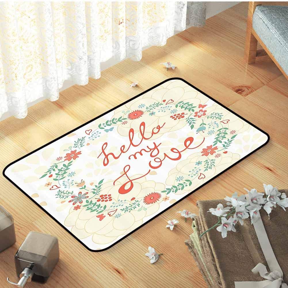 Hello My Love Outdoor Mats Chrythemum Floral Bouquet Home Modern Art Sample Designer Artwork Quote Teen Girls Feminine Print Bathroom Rug Super Soft and Cozy, W35 x L47 Ivory Coral Green