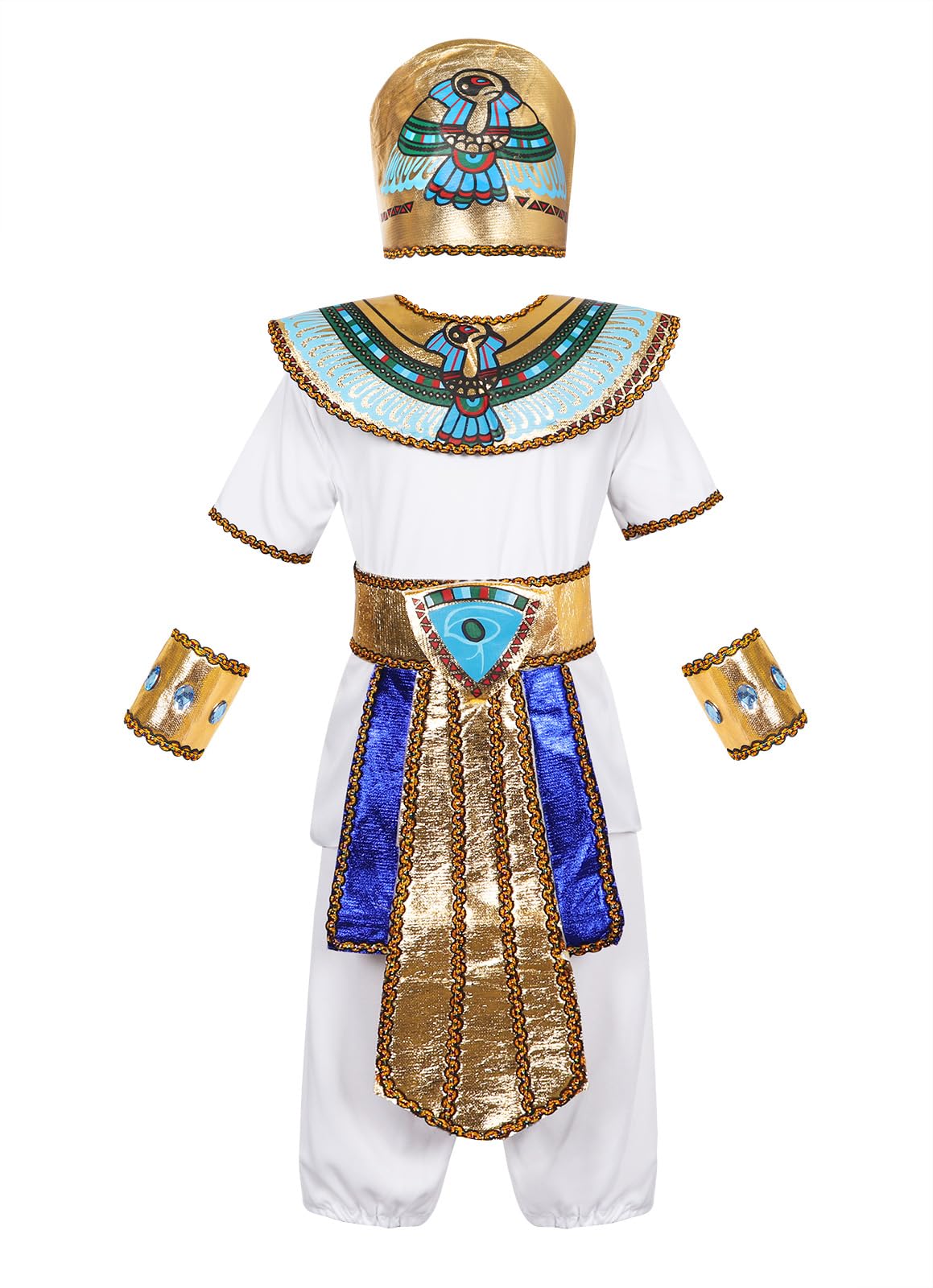 AmzBarley Pharaoh Costume Kids Egyptian Costumes for Boys School Themed Cosplay Fancy Party Dress up Outfit Hat Headdress Collar White Size M Age 5-7 Years