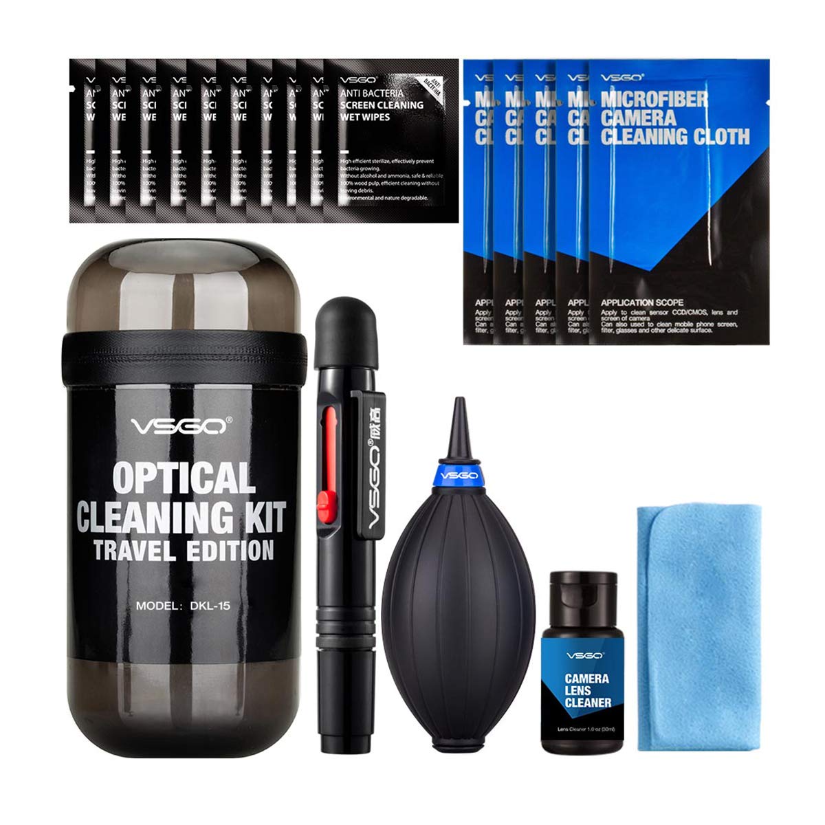 VSGO DKL-15 Professional Cameras Cleaning Kit with Lens Cleaning Pen Lens Cleaning Air Blower and Camera Cleaning Fluid, Compatible for Canon, Nikon, Sony DSLR Cameras(19-in-1 Kit)