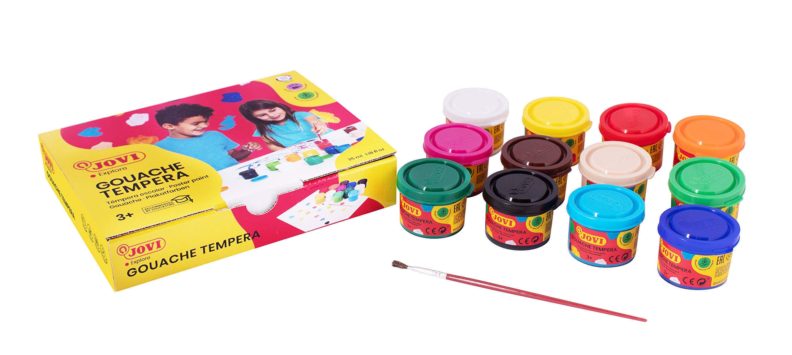 Jovi - School Tempera, Box with 12 pots of 35ml, Assorted Colors, Washable Paints for Kids with Brush