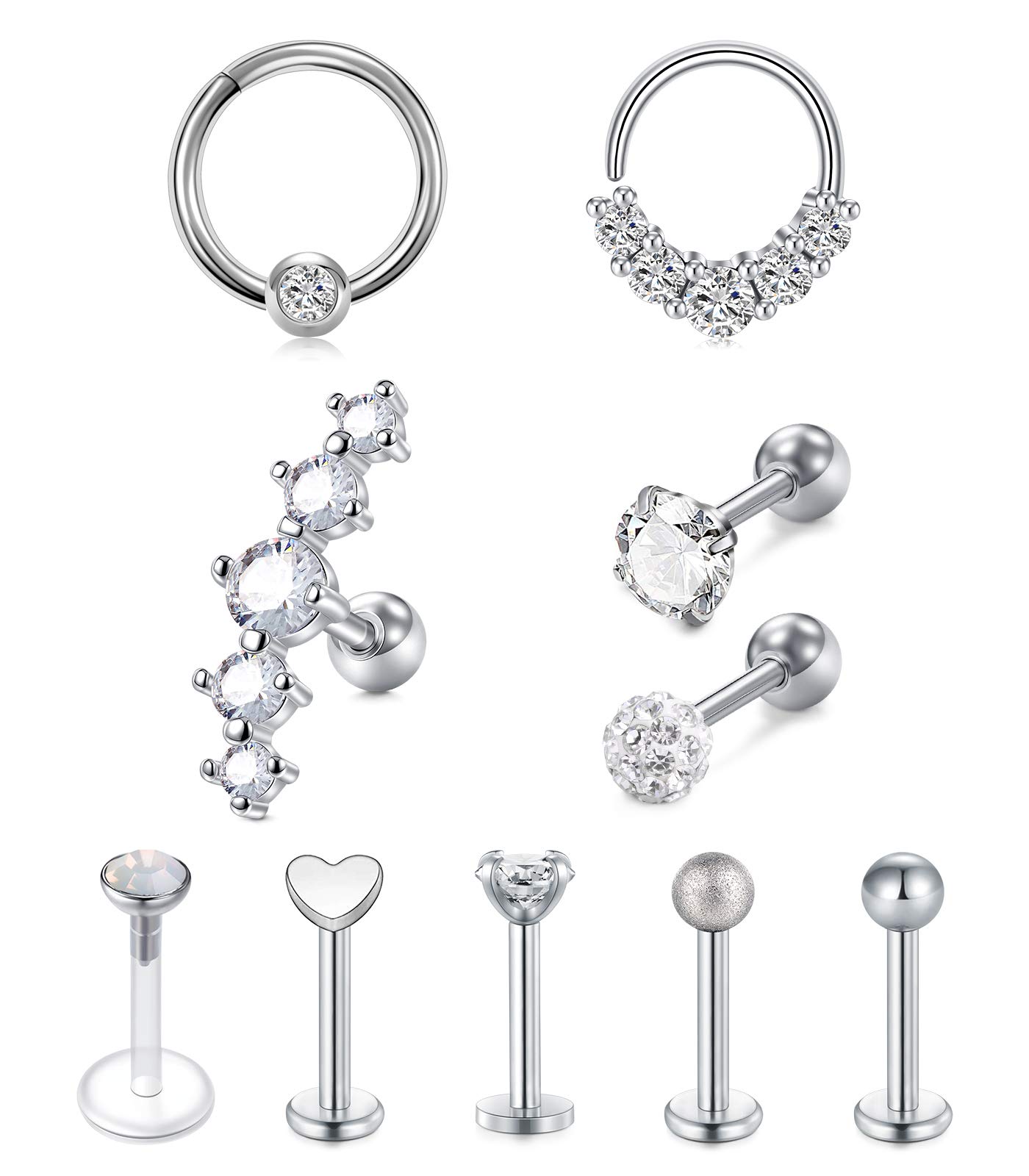 VFUN Stainless Steel Tragus Earrings 16G Segment Hinged Clicker Ring Helix Cartilage Earrings for Women Lip Bars Piercing 10PCS - Silver