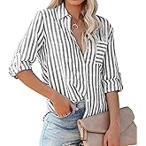R.Vivimos Women's Fall Cotton Long Sleeves Roll Up Striped Casual V Neck Button Down Shirts Blouses