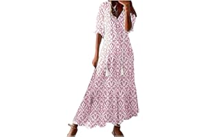 MaMiDay Maxi Dress for Women Half Sleeve Casual V Neck Drawstring Ruffle Collar Dresses 2024 Lightweight Floral Boho Sundress