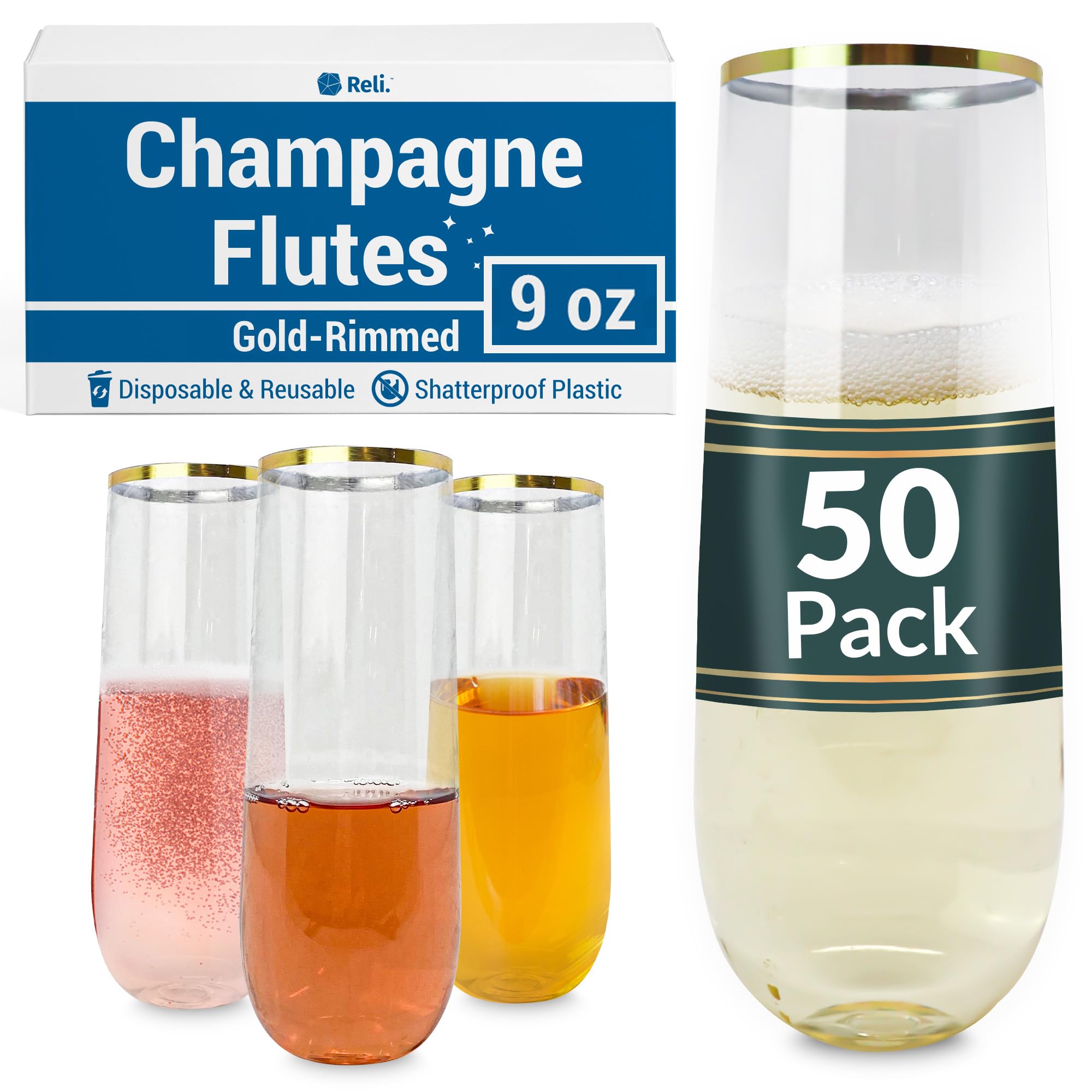 Photo 1 of Reli. Plastic Champagne Flutes (50 Pack, 9oz) Clear w/Gold Rim, Stemless | Disposable Champagne Flutes for Champagne, Mimosa, Cocktail, Wedding | BPA-Free Champagne Glasses Plastic, Shatterproof