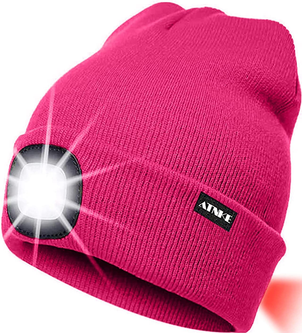 ATNKE 8LED Lighted Knit Hat,USB Rechargeable Running Headlamp Cap Ultra Bright Waterproof Light Lamp and Flashing Alarm Red Tail Light Multi-Color (Rose Red)