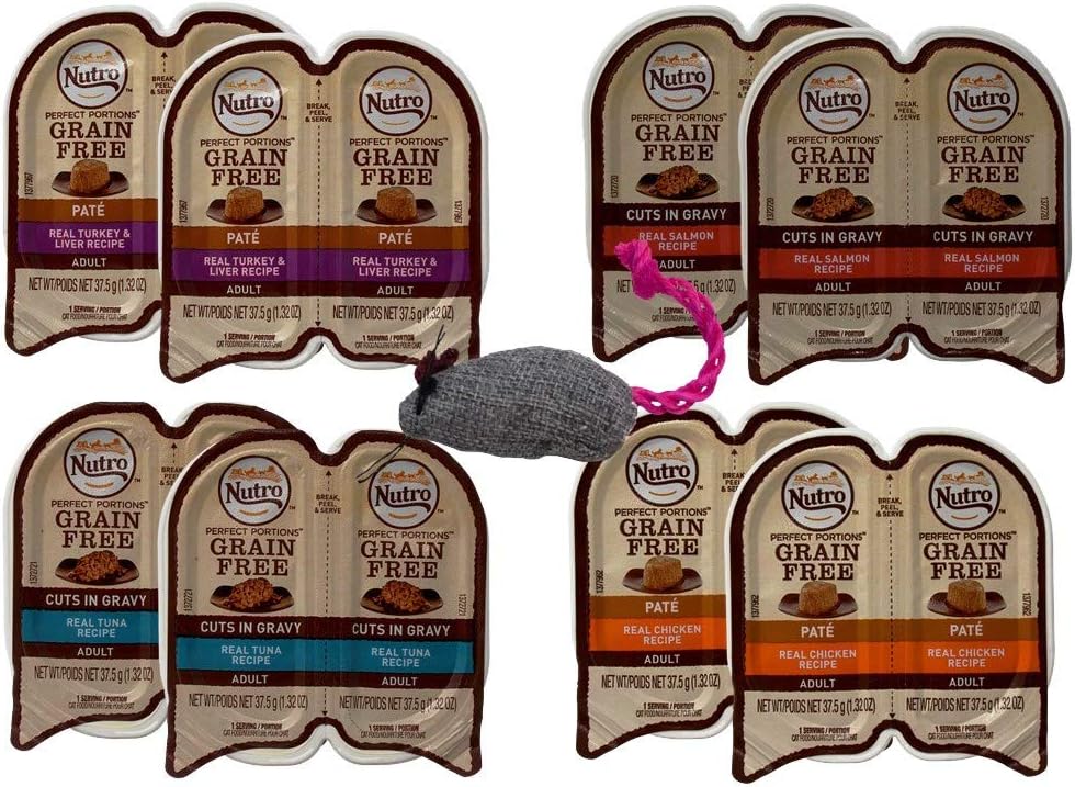 Nutro Feed Clean Grain Free Cuts in Gravy and Pate Cat Food 4 Flavor 8 Can Variety with Toy Bundle, (2) Each: Turkey Liver, Chicken, Salmon, Tuna (2.64 Ounces)