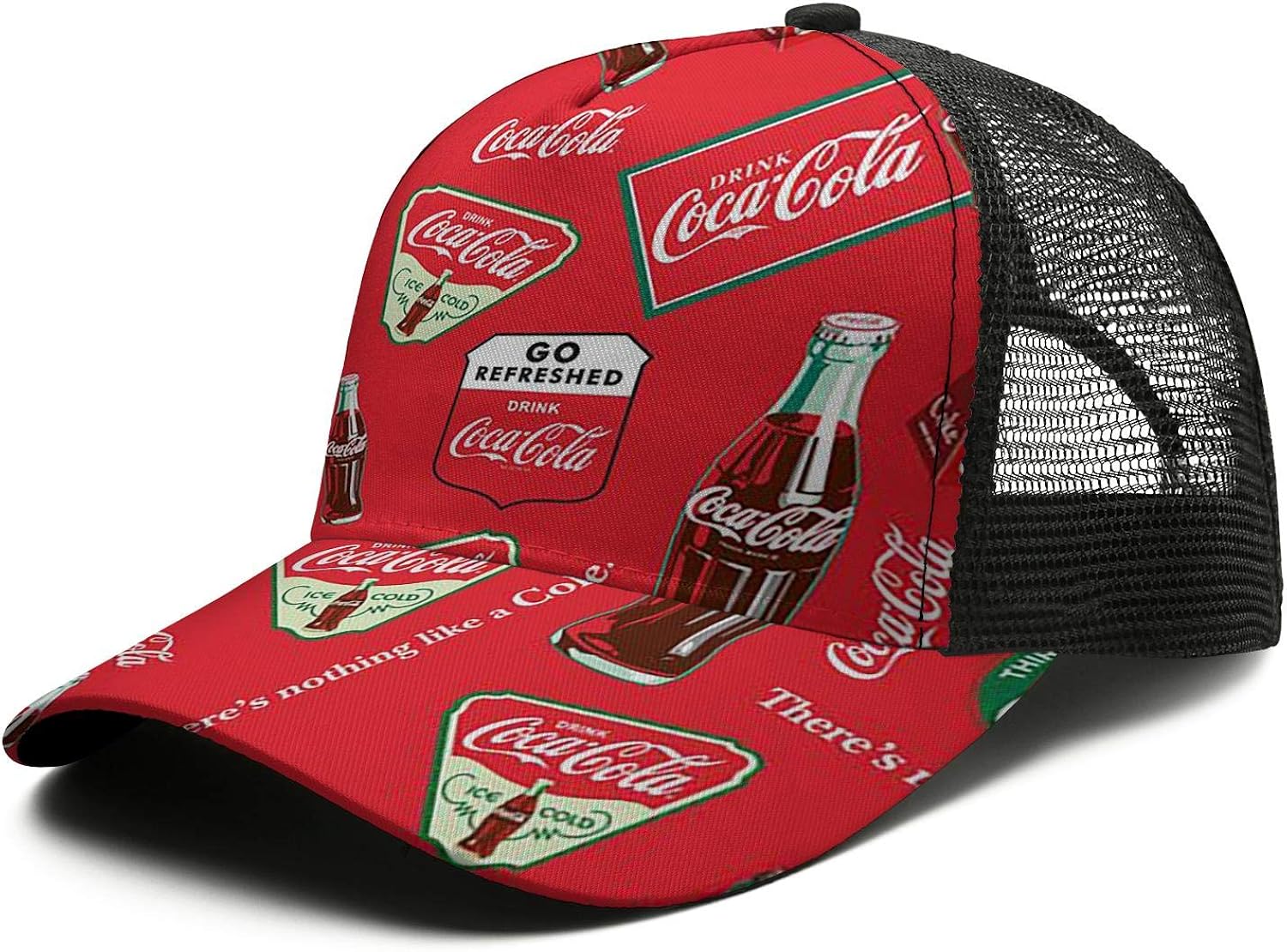 CocaColaAlloverCottonFabric Black Womens Mens Washed Cap Hat Mesh Baseball Cap Hip Hop Cap