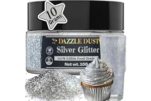 DAZZLE DUST BULK-(10g) Silver Edible Glitter For Drinks, Silver Luster Dust Edible Glitter For Cakes, Silver Sprinkles For Cake Decorating, Edible Cake Decorations Drink Glitter 100% Food Safe, Vegan, Gluten Free