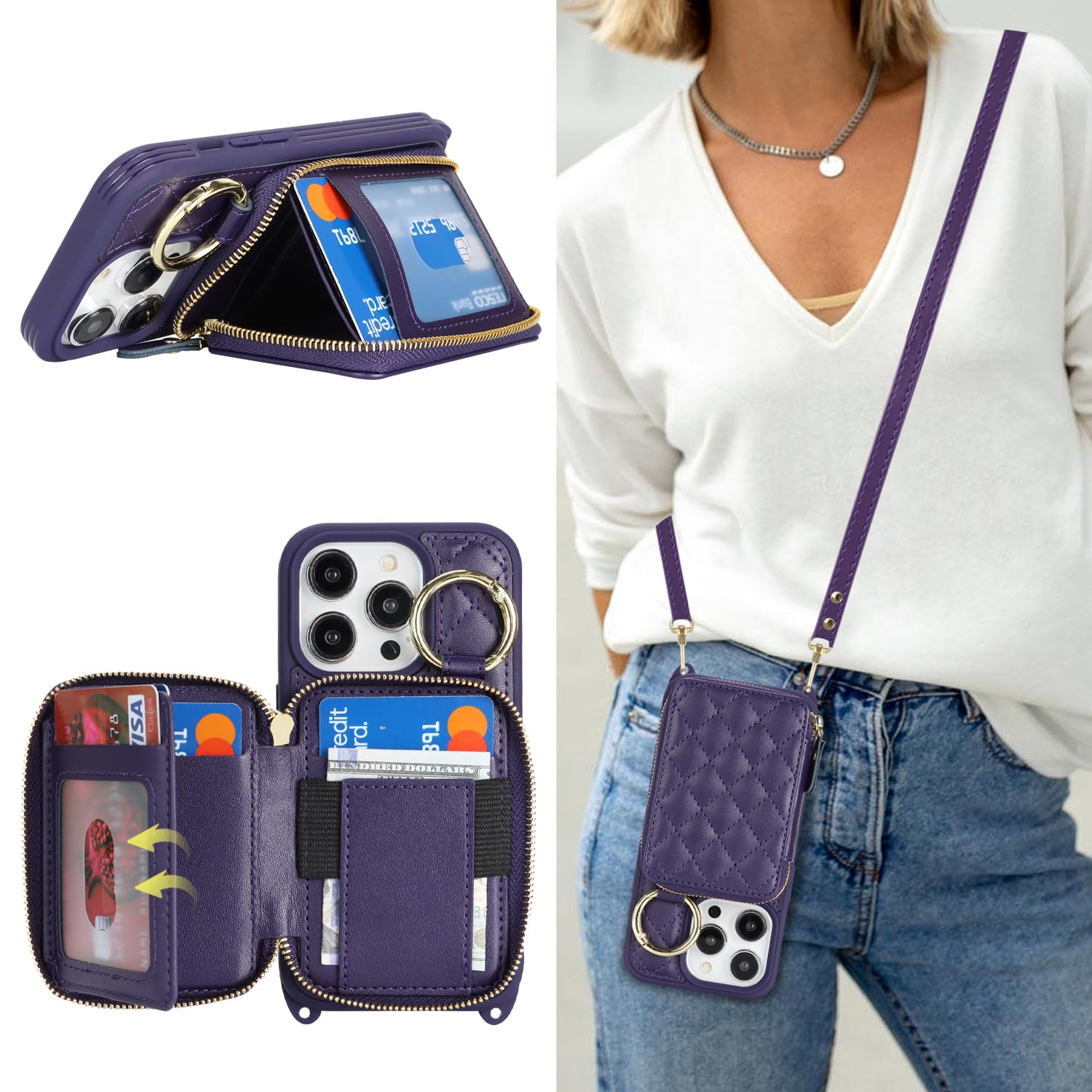 Hamany Crossbody Wallet Case for iPhone 13 Pro, PU Leather Zipper Handbag Purse Flip Cover, Kickstand Folio Case with Card Slots Holder Wrist Strap Lanyard 5G 6.1 Inch-Purple