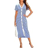 BTFBM Women Casual Summer Dresses Short Sleeve Striped Midi Dresses Decorative Button Ribbed Knit Dresses Party Dresses