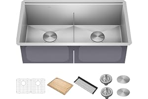 KRAUS KWU112-33 Kore Workstation 33-inch Undermount 16 Gauge Double Bowl Stainless Steel Kitchen Sink with Integrated Ledge and Accessories (Pack of 8)