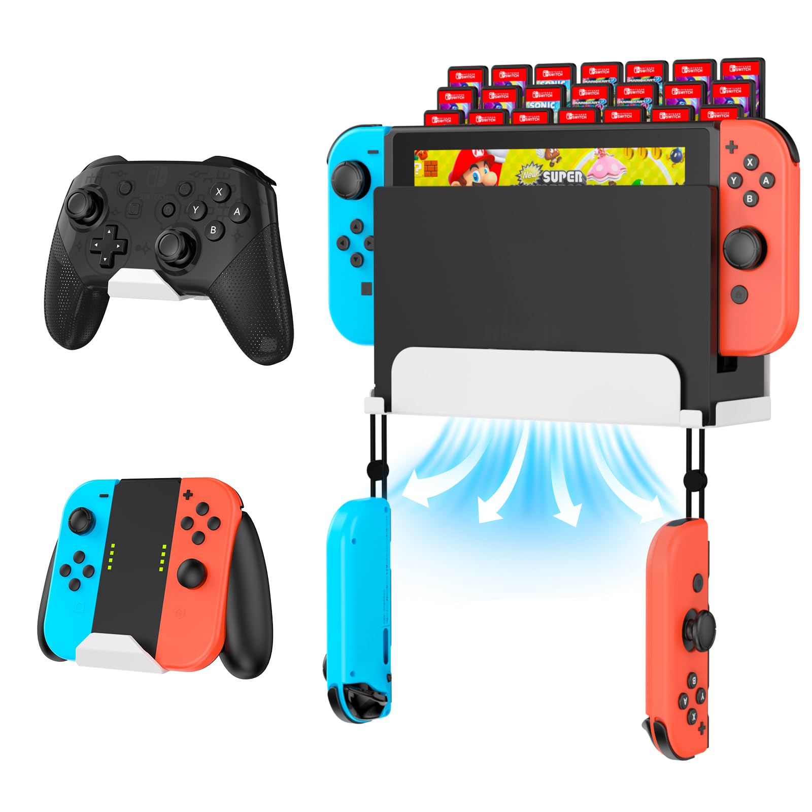 KUNSLUCK Wall Mount for Nintendo Switch/Switch OLED with 2 Controller Wall Mount and 28 Game Card Holders, Safely Store Your Switch Console Near or Behind Your TV (White)