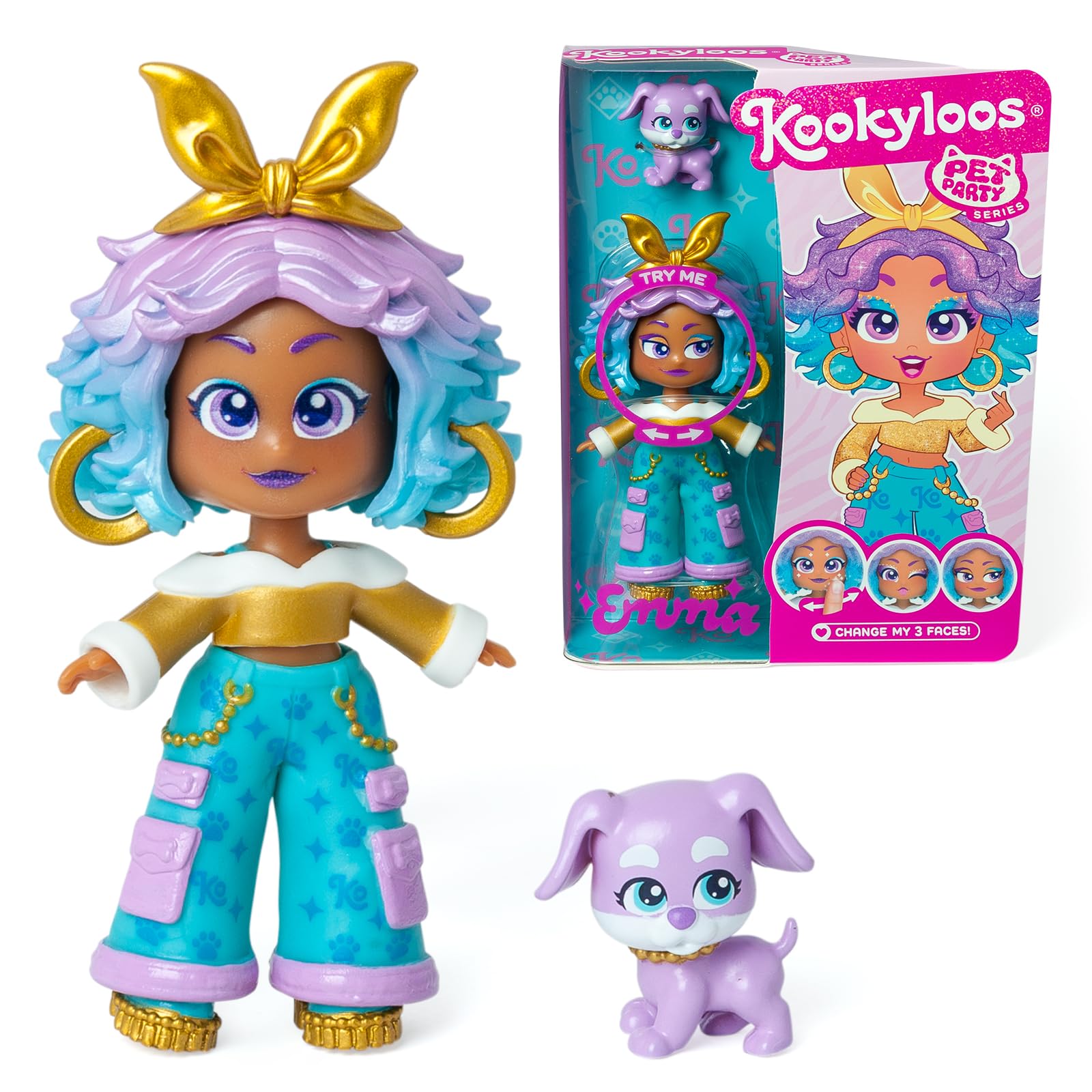 KOOKYLOOS Pet Party EMMA – Emma doll with dog pet. Includes Emma doll, 1 pet, fashionable outfit and shoes and 1 accessory. 1 doll, 3 different faces!