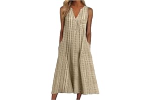 Attine Summer Dresses for Women 2024 Cotton Linen Short Sleeve Dress Fashion Solid Loose Dress V Neck Midi Dress with Pockets