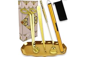 STATABSTA 5IN1 Candle Accessory Kits,Candle Snuffer,Candle Wick Cutter Trimmer, Candle Wick Dipper, Rechargeable Candle Lighter, Storage Tray Plate with Gift Bag, Candle Care Kit for Candle Lover Gift (Golden)