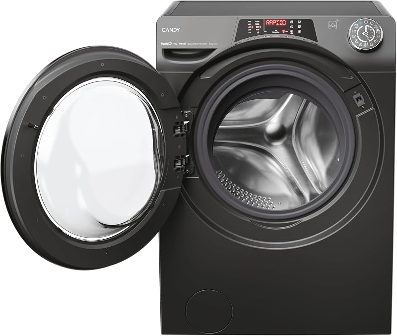 Máquina de lavar candy rapido ro1496dwmcrt/1-s 9 kg, 1400 rpm, tela de texto inteligente, painel de toque inteligente, wi-fi, snap & wash, 16 ciclos, 9 rápidos, motor de acionamento de velocidade inversora, função vapor, 76 db, antracite