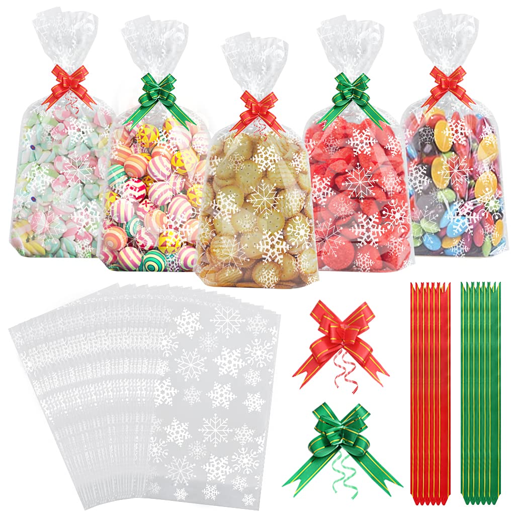 XYGK Christmas Cellophane Treat Bags,100 Pieces Xmas Sweet bags Party Gift Bags with 50 Red and 50 Green Pull Bows for Christmas Party Favors-Tree and Snowman Theme