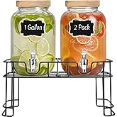 DHSBTLS 1 Gallon Glass Drink Dispensers, 2 Pack Clear Beverage Dispenser with Wood Lid for Party, BBQ and Picnic, Juice Dispenser with Black Stand, Spigot, Markers and Chalkboard