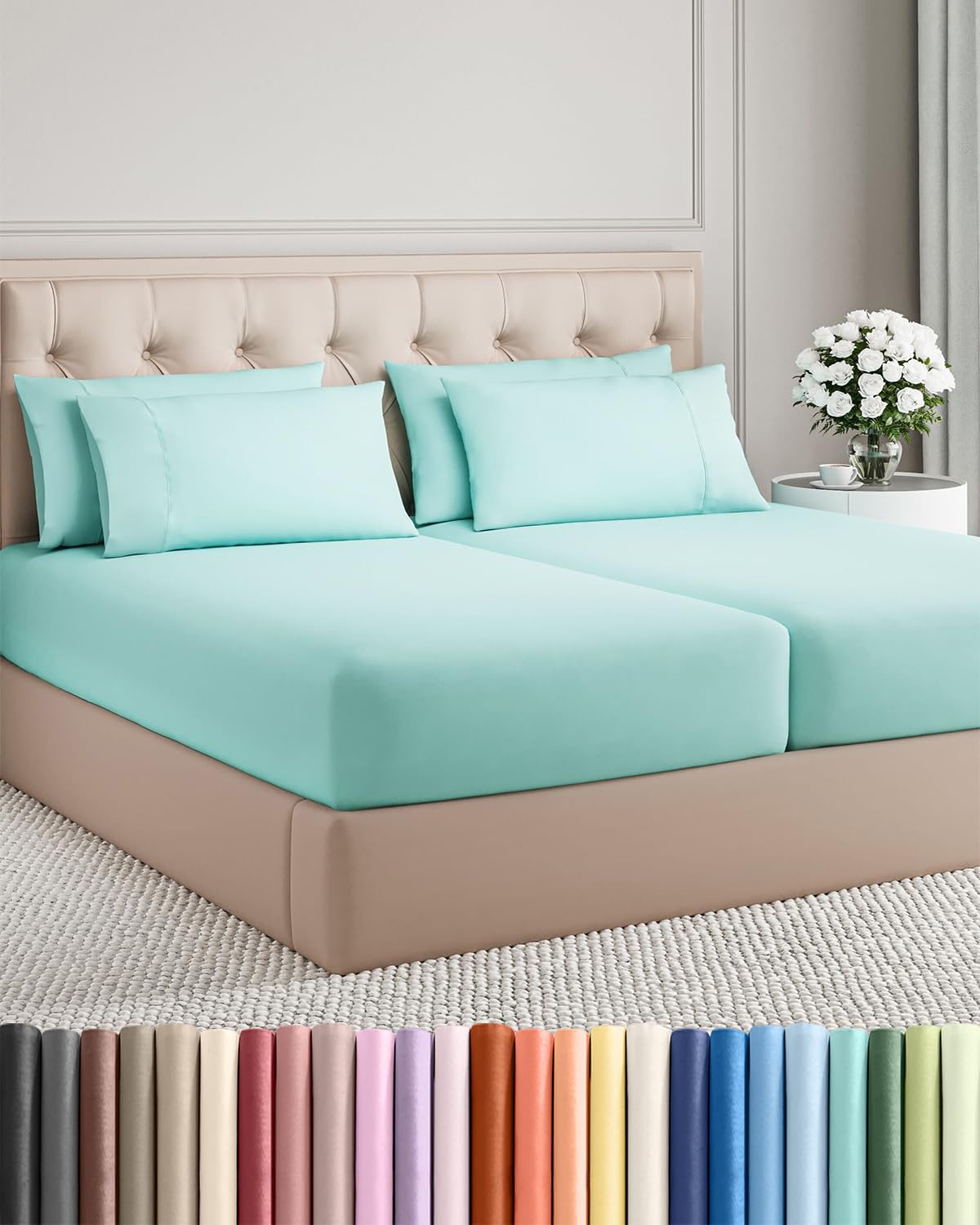 Photo 1 of Split King 7 Piece Sheet Set - Comfy Breathable & Cooling - Soft Hotel Luxury Bedding Set with 8-16 Inch Deep Pockets - 1 Flat & 2 Fitted Sheet & 4 Pillowcases - Wrinkle Free & Easy Care - Spa Blue