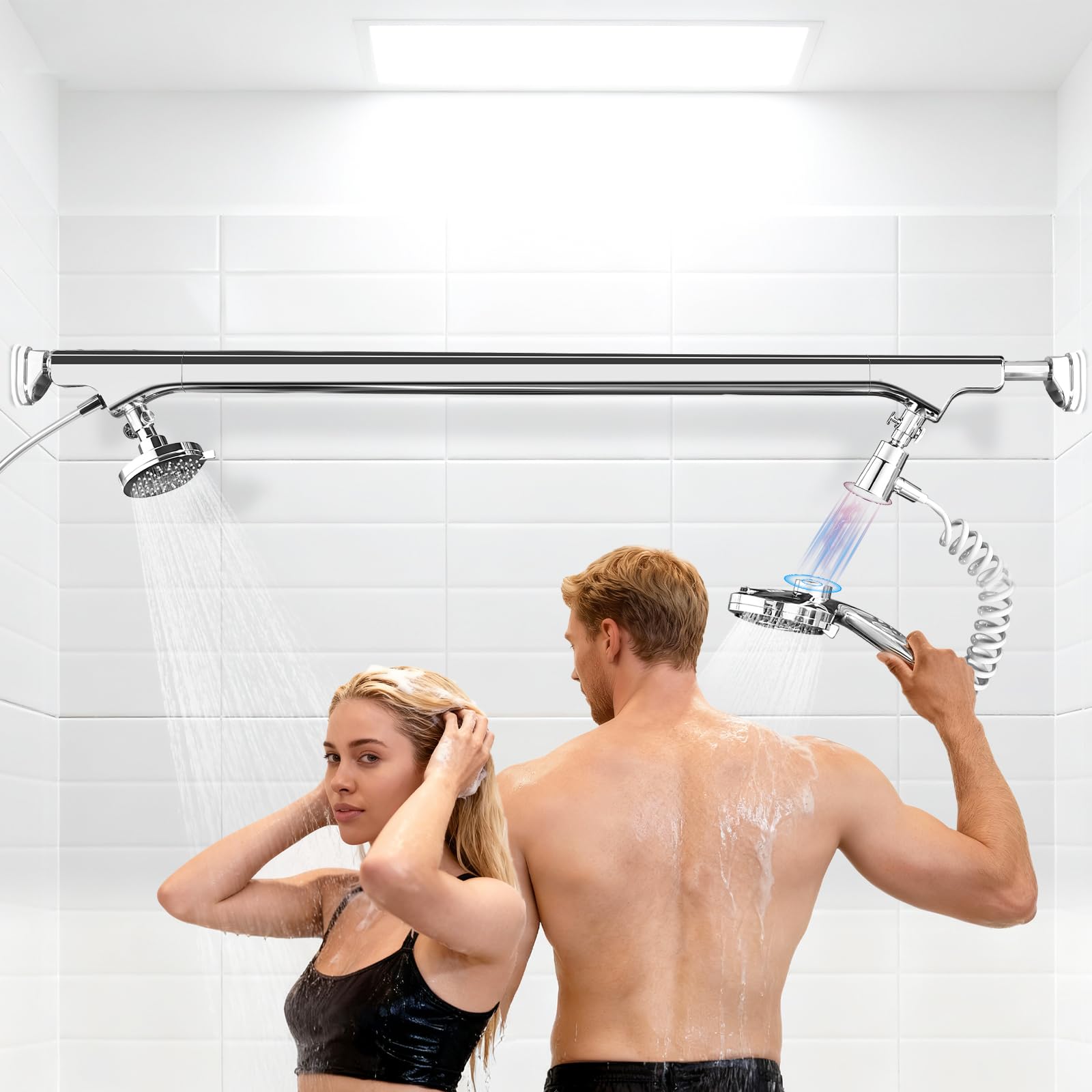 Photo 1 of [Ondaqua] High Pressure Dual Shower Head for Couples 58-78" Adjustable,10 Modes Magnetic Handheld Head & 3 Modes Anti-Clog Design Round Head(Chrome)