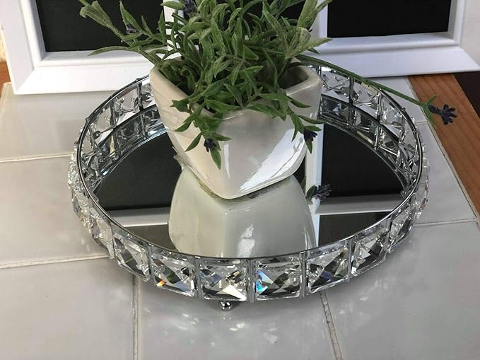 20cm ROUND SHAPE MIRROR CANDLE TRAY JEWELLED DIAMANTE MIRRORED TRAY