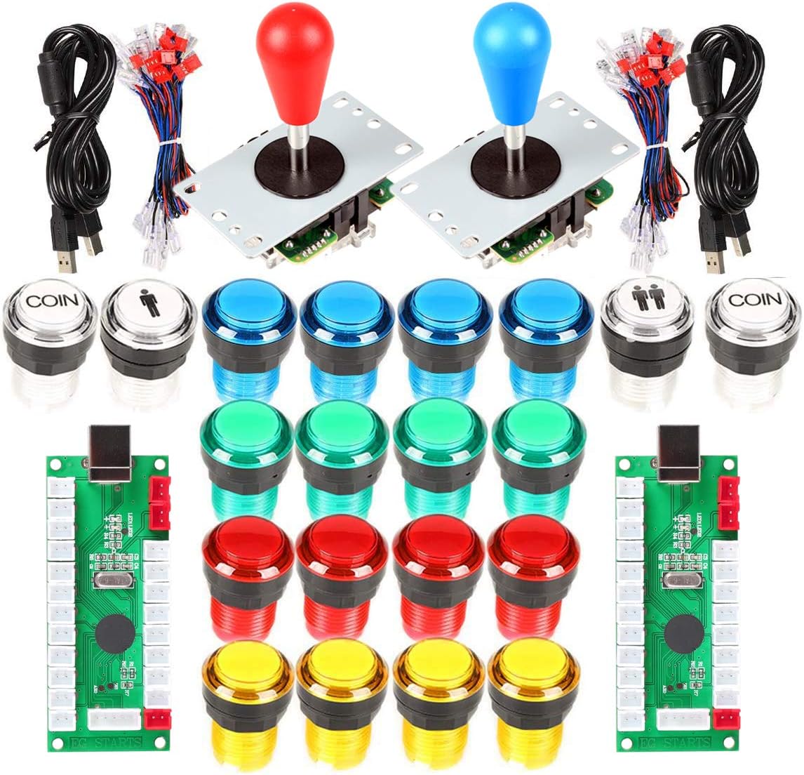 Arcade Kits 2 Player Classic Arcade DIY USB Encoder to PC Joystick Games + 2x 5Pin Rocker + 16x 30mm 5V LED Push Buttons 1 + 2 Players Coin Buttons For Raspberry Pi 1 2 3 3B Mame Fighting Stick