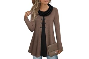 Bebonnie Womens Long Sleeve Cowl Neck Warm Splicing Tunic Tops with Buttons