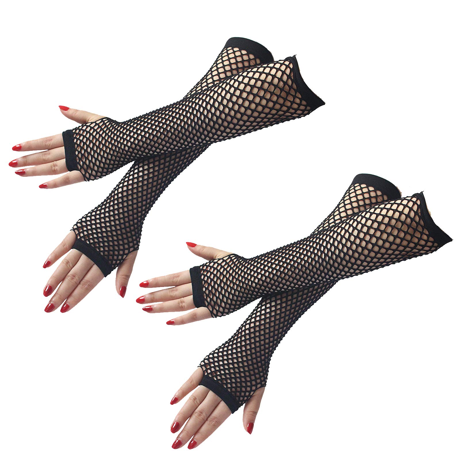 2 Pairs Long Fishnet Gloves, Black Fingerless Fishnet Gloves for Women Girls 80s Costume Accessory Party Supplies (Black)