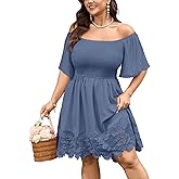SCOMCHIC Womens Plus Size Smocked Summer Mini Dress Off The Shoulder Short Sleeve Lace Trim Boho Flowy Spring Dresses