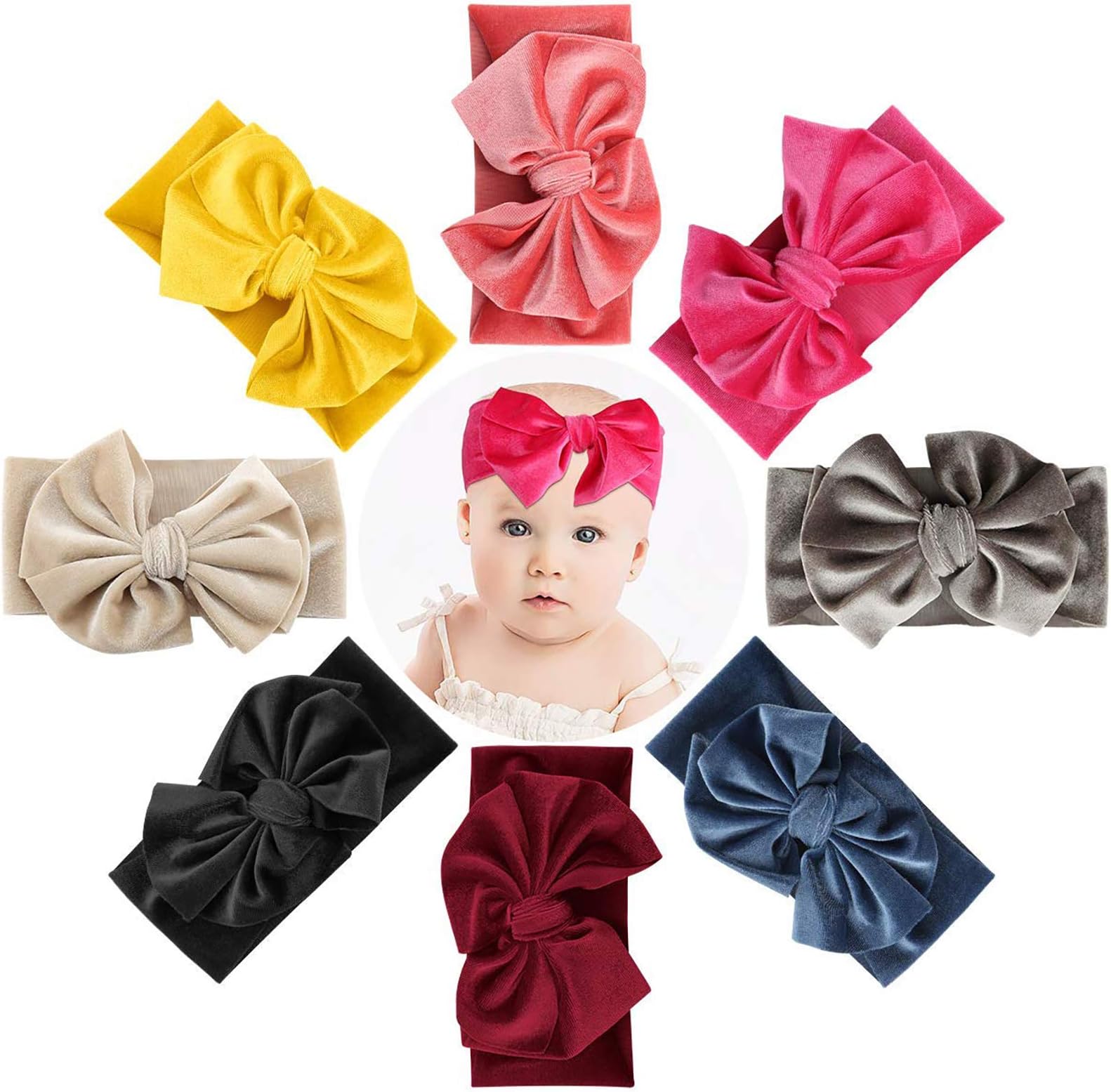Baby Headband, Stretchy Velvet Headband with Bows Pom Pom Bun 5.5 inch Big Hair Bow Headband for Infant Baby Girls
