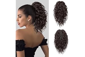 Flufymooz Ponytail Extension, 12" Short Claw Ponytail Extension Wavy Curly Jaw Clip in Pony tails Hair Extension Natural Synthetic Hairpiece for Women (Dark Chocolate Brown)