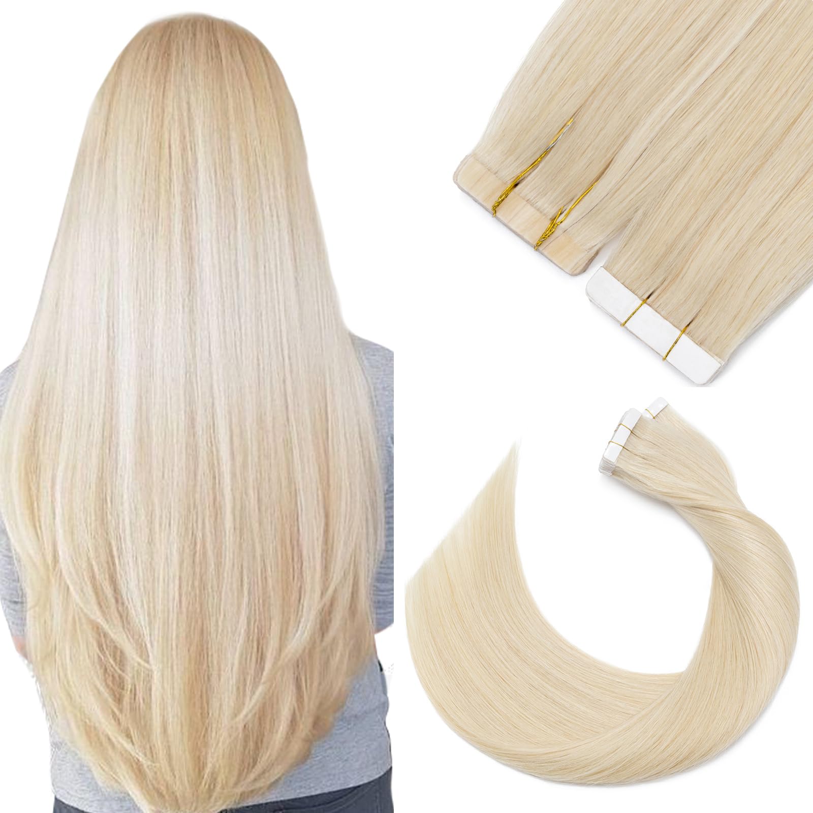 Tape in Hair Extensions Human Hair 100% Real Remy Human Hair 22" 20 Pcs, 50g/Set #60 Platinum Blonde Skin Weft Seamless Straight — image 1