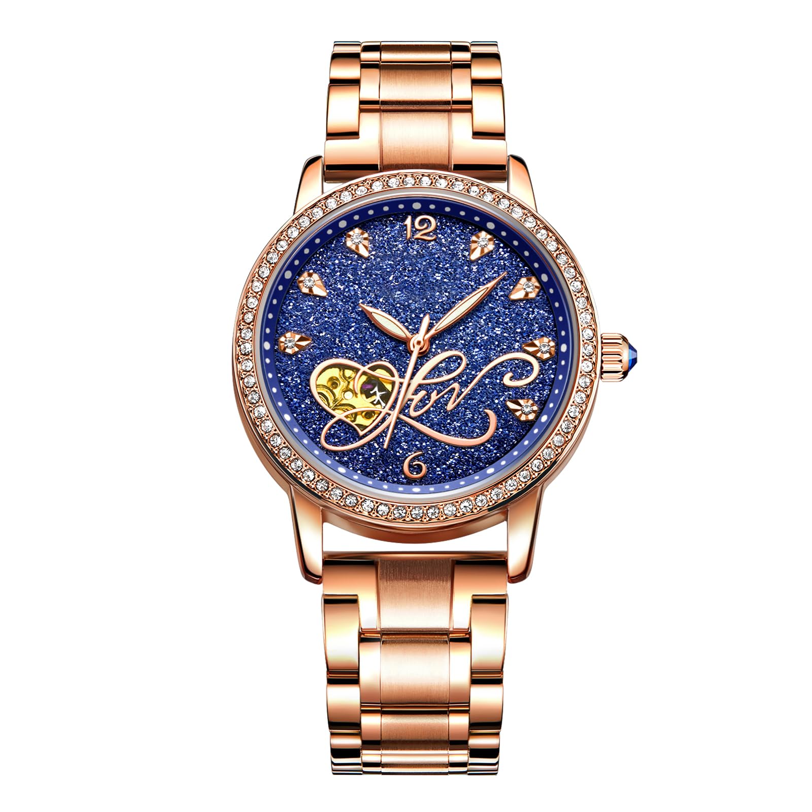 RORIOS Women Automatic Mechanical Watch Shining Starry Sky Luminous Simulated Diamond Dial Stainless Steel Strap Ladies Wristwatches