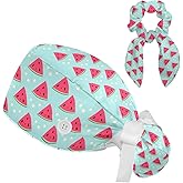 Scrub Caps Women Nursing Hats Peach Fruits with Buttons Ponytail Working Adjustable Pouch Tie Back