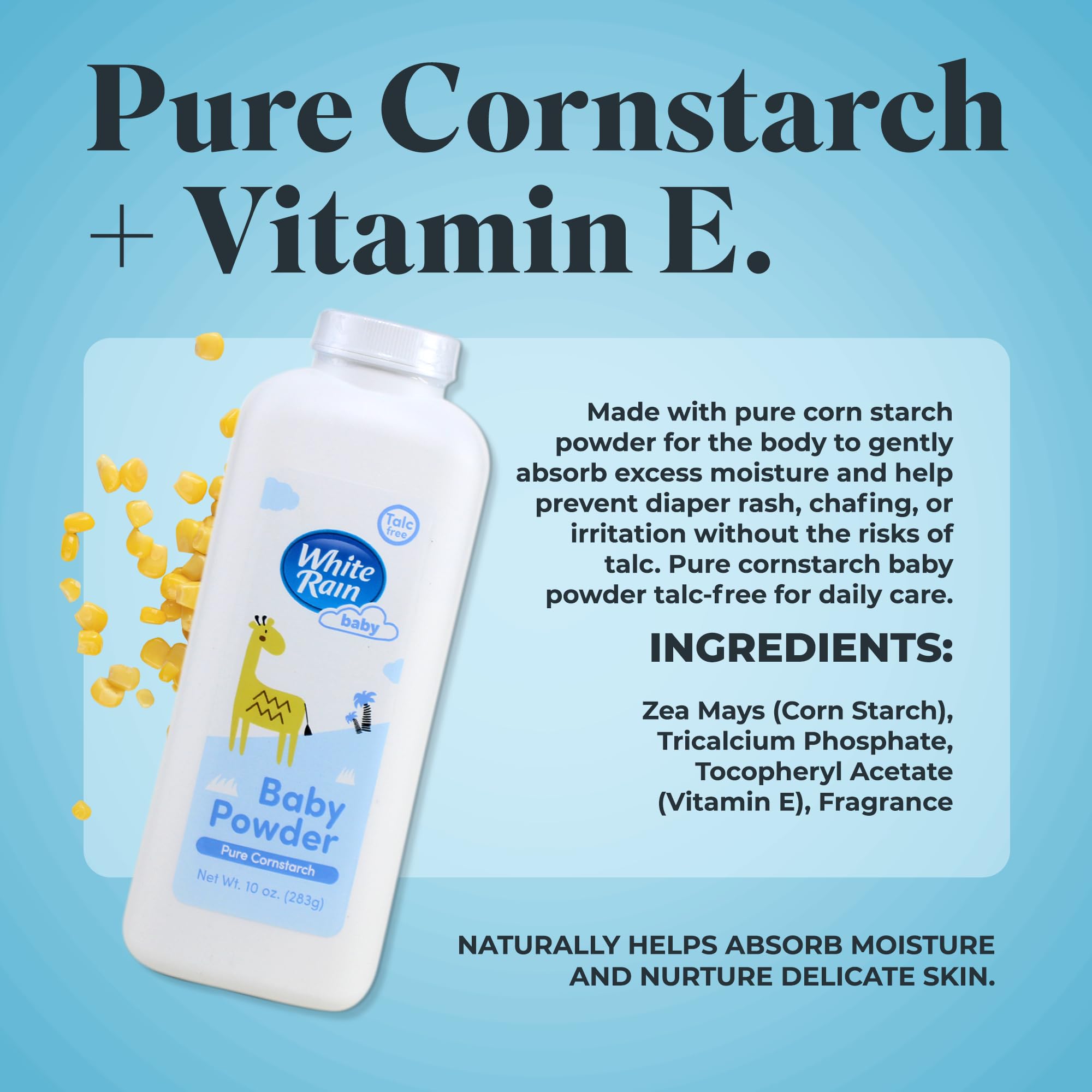 White Rain Pure Cornstarch Baby Powder Talc-Free, 10 oz, Pack of 2 - Natural Moisture Absorption with Vitamin E, Gentle Body Powder for Women, Babies & Sensitive Skin, Free of Parabens & BPA