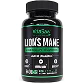 VitaRaw Organic Lions Mane Supplement Capsules 2400 mg - Powerful Nootropic - Helps Maintain Memory, Energy, and Mental Clarity - Vegan Brain Booster Focus Pills - Real Lion's Mane Supplement