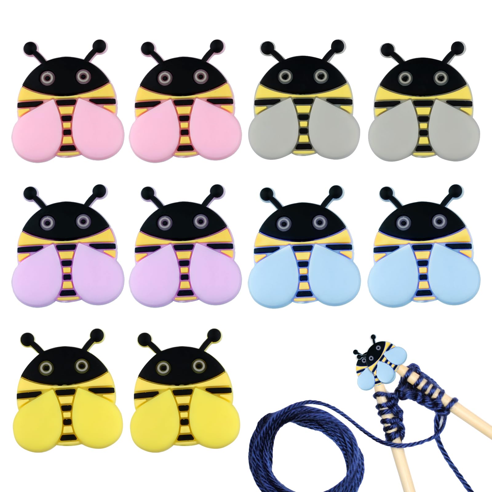 10pcs Little Bee Knitting Needle Stoppers, Cute Needles Point Protectors Colorful Stitch Tip Caps Silicone Needle End Cover Knitting Accessories and Supplies