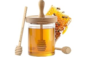 HAPPI STUDIO Airtight Honey Pot with Dipper - Borosilicate Glass Honey Jar with Dipper - Glass Honey Dispenser No Drip - Hone
