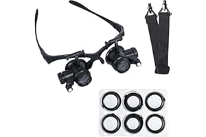mlogiroa Head Mounted Magnifier with Led Light, Jewelers Loupe Double Eye 2 LED Lights Magnifying Glasses with 4 Interchangeable Lens for Close Work Crafts Jewelry Repair(10X/ 15X/ 20X/ 25X)